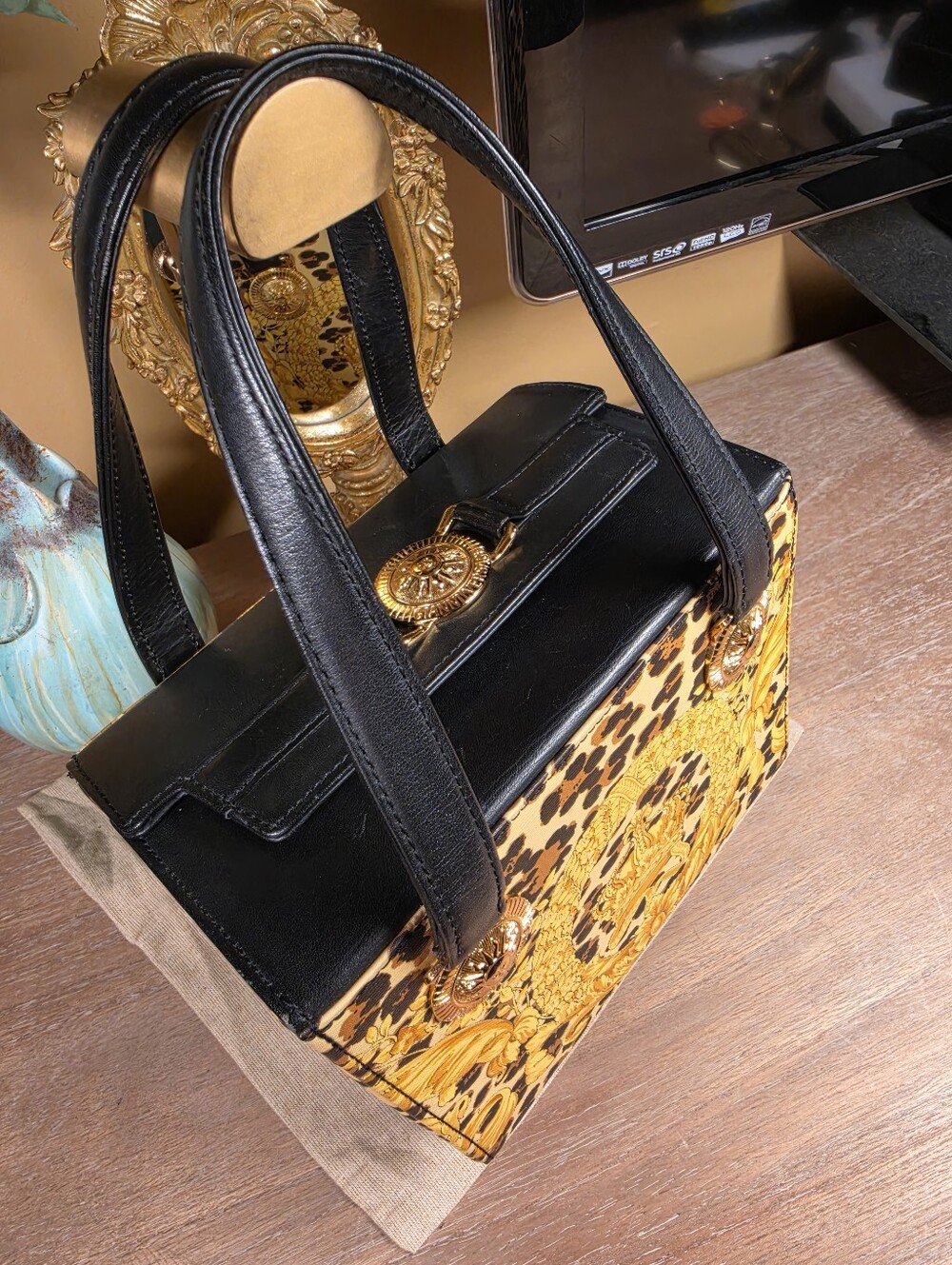 Versace Authentic Vintage Sunburst & Leopard-Print Vanity Satchel (Retail $1200) - Picture 5 of 12